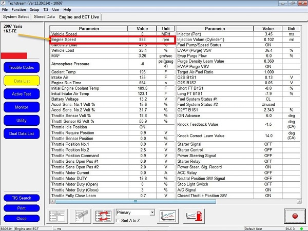 مشاهده پارامتر دور موتور در دیاگ