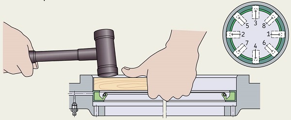 نصب کاسه‌نمد داخل هوزینگ با استفاده از چکش و بلوک چوبی کوتاه