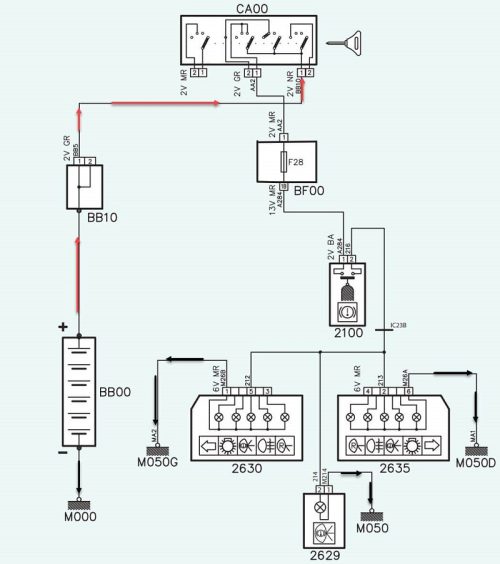 مسیر جریان مثبت قبل از سوئیچ در مدار چراغ ترمز
