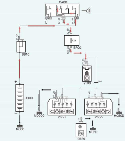 مسیر جریان مثبت بعد از باز کردن سوئیچ در مدار چراغ‌ترمز